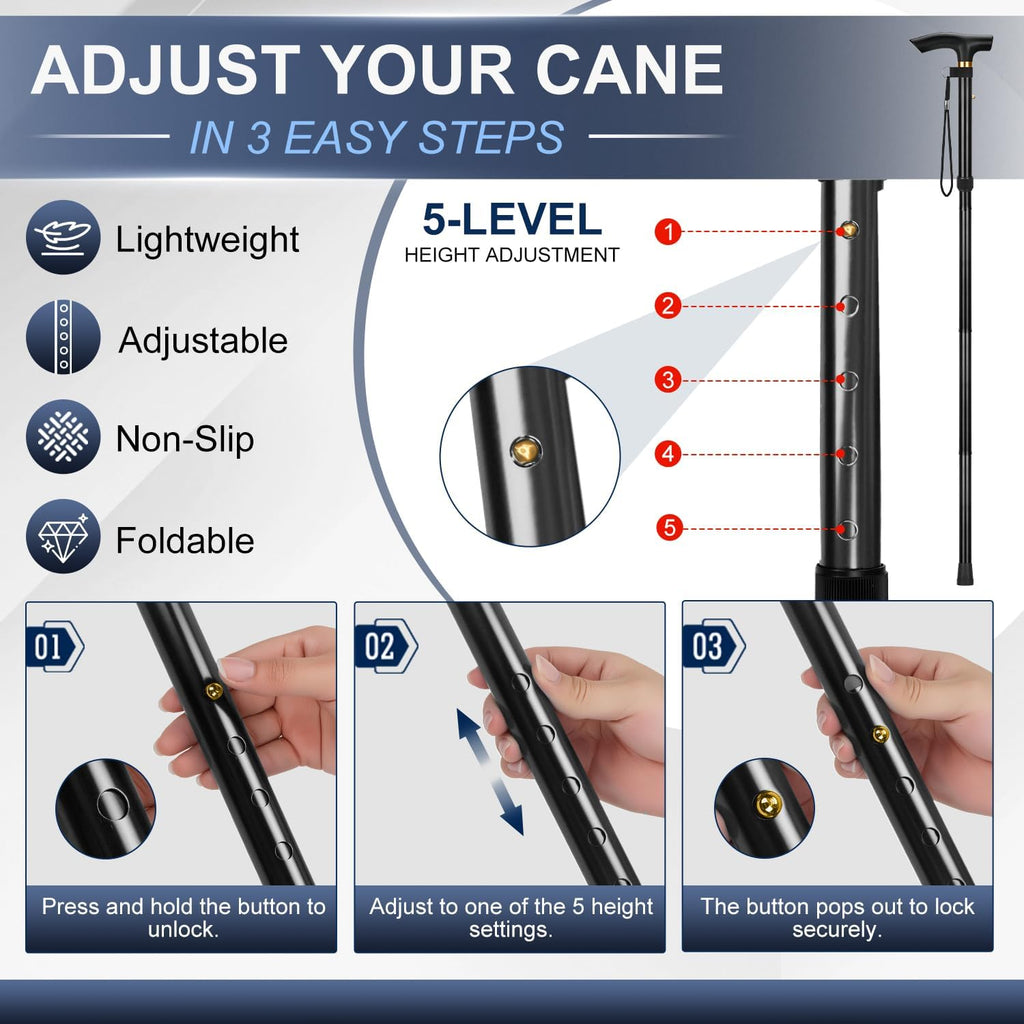Folding Cane, 5-Level Adjustable Height Walking Stick Lightweight Collapsible Portable Travel Cane with Wrist Strap