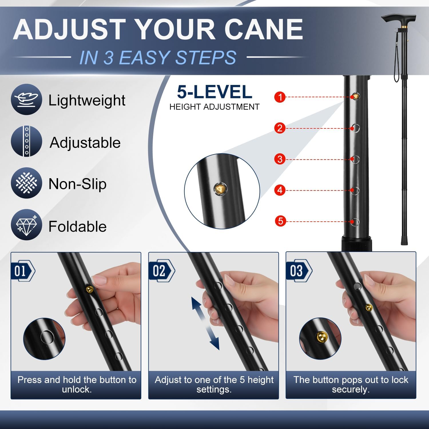 Folding Cane, 5-Level Adjustable Height Walking Stick Lightweight Collapsible Portable Travel Cane with Wrist Strap