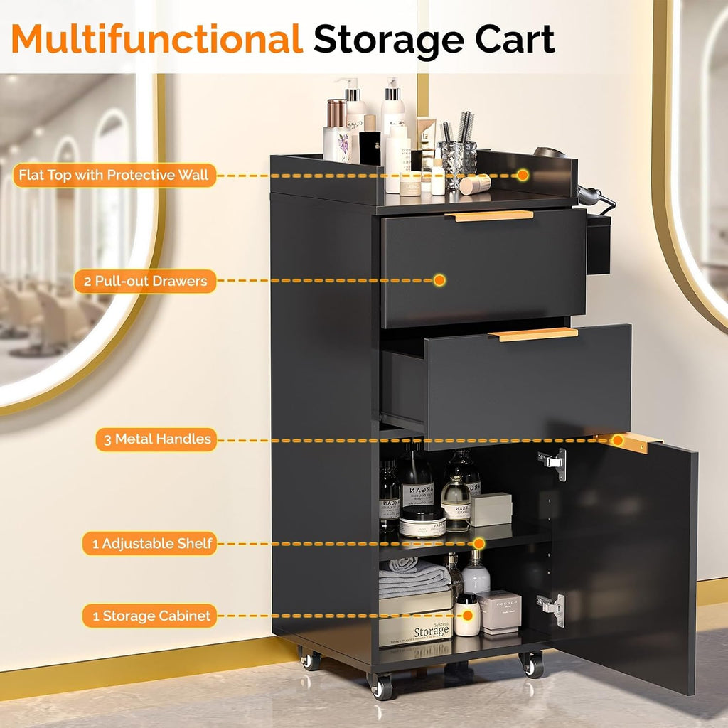 Salon Cart with Wheels, 3-Tier Rolling Hair Styling Station, 2 Drawers & Adjustable Shelf, Hair Dryer Holder, Mobile