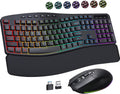 RGB Wireless Keyboard Mouse Combo with Ergonomic Wave, Silent Rechargeable | Soft Leather Wrist Rest, Light up