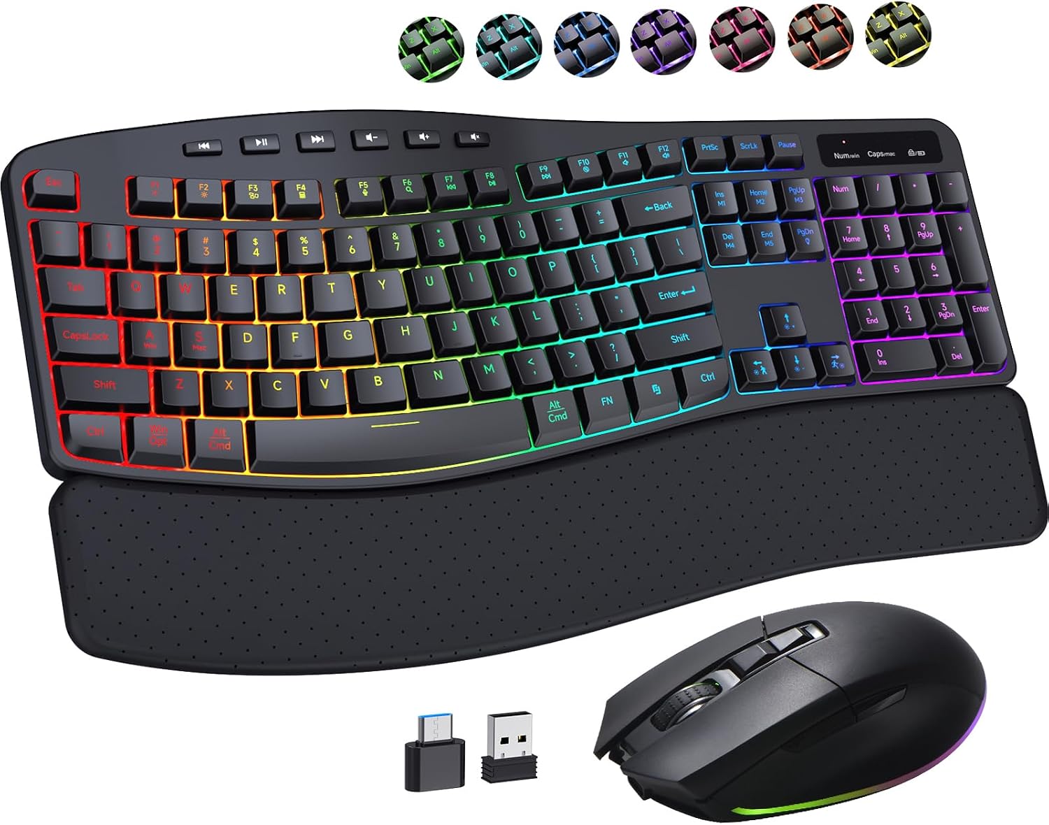 RGB Wireless Keyboard Mouse Combo with Ergonomic Wave, Silent Rechargeable | Soft Leather Wrist Rest, Light up