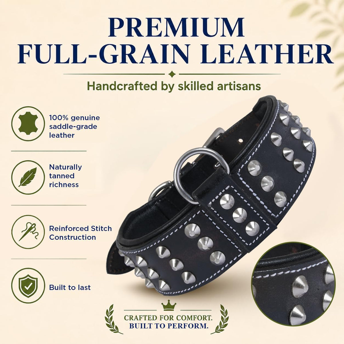 Genuine Leather Studded Dog Collar for Medium Dog, Cushion Padding, Black