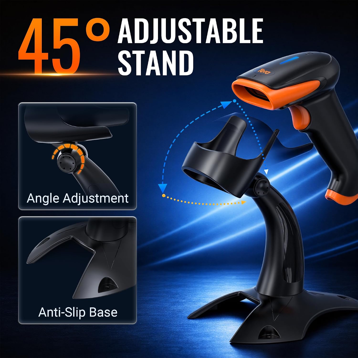 Barcode Scanner Wireless with Stand: 1D 2D QR 3-in-1 Connection HW0001 | 640*480 CMOS Rolling, 2.4G BT USB, 2200mAh