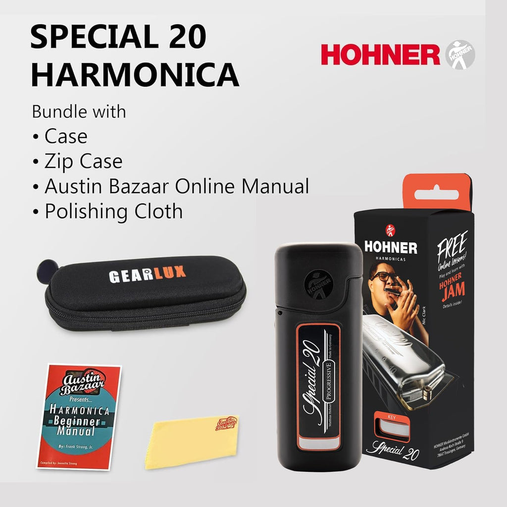 Special 20 Harmonica - Key of C Bundle with Zip Case, Instructional Manual, and Austin Bazaar Polishing Cloth
