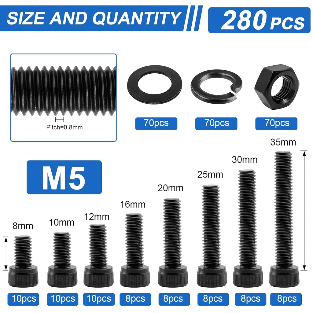 280Pcs UIETUIL M5 Hex Socket Head Cap Screws Kit, M5x8-35mm, 12.9