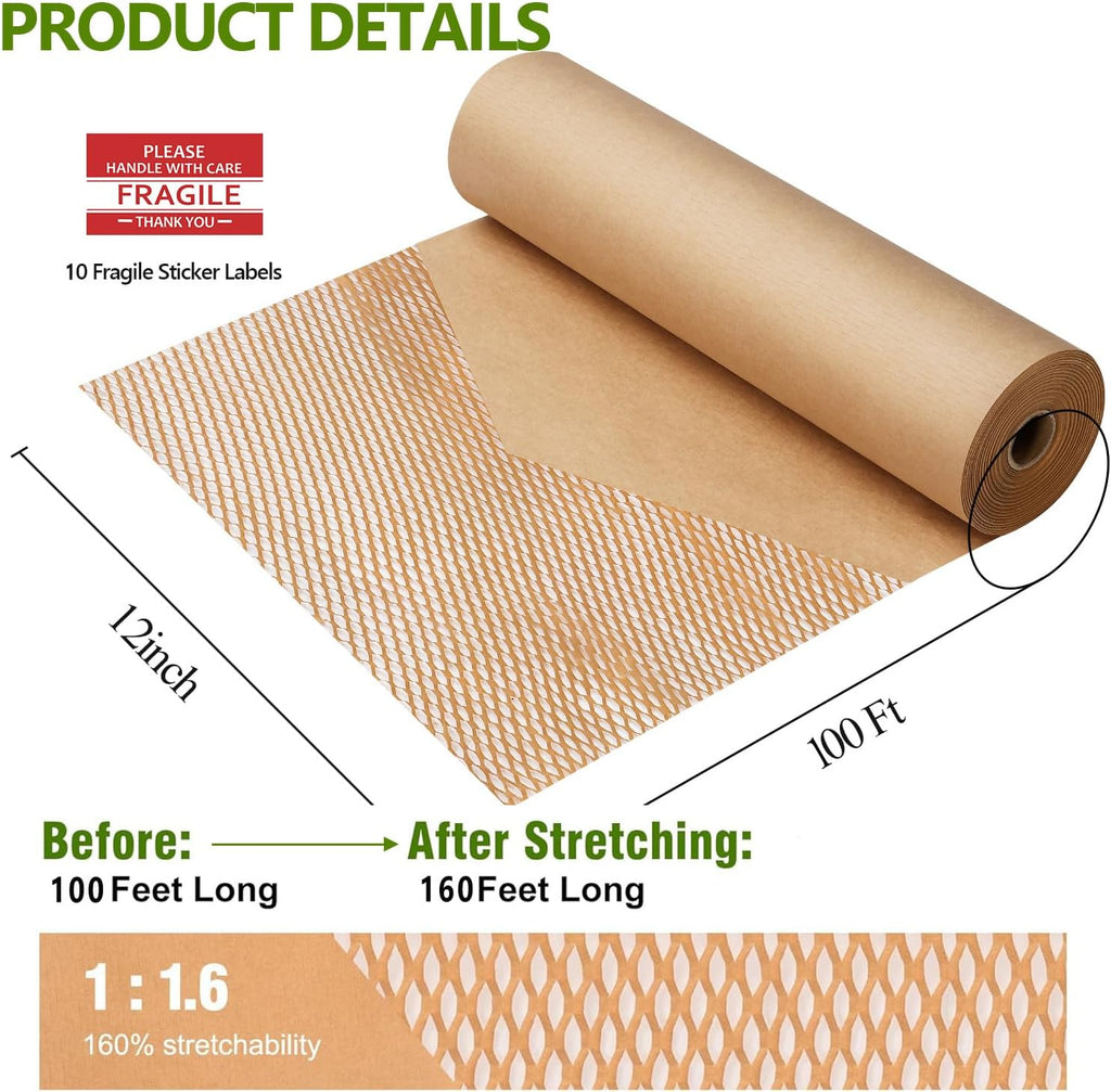 Honeycomb Packing Paper for Moving, Protective Wrapping Paper 12" x 100ft | kraft paper cushions glass, dishes