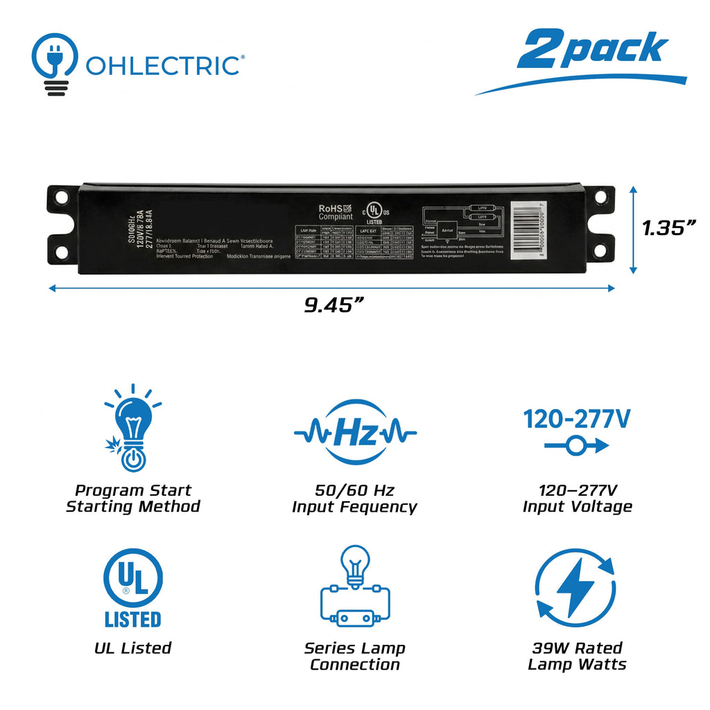 2-Pack T5 Electronic Ballast, 120-277V, Program Start, UL Listed