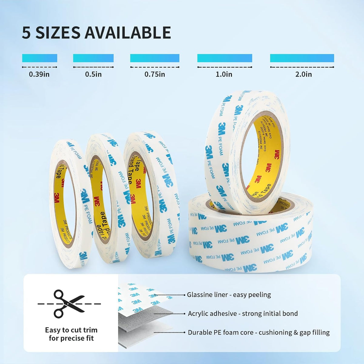 3M 1600T Double Sided Tape, 0.5 in x 18 ft White PE Foam Tape