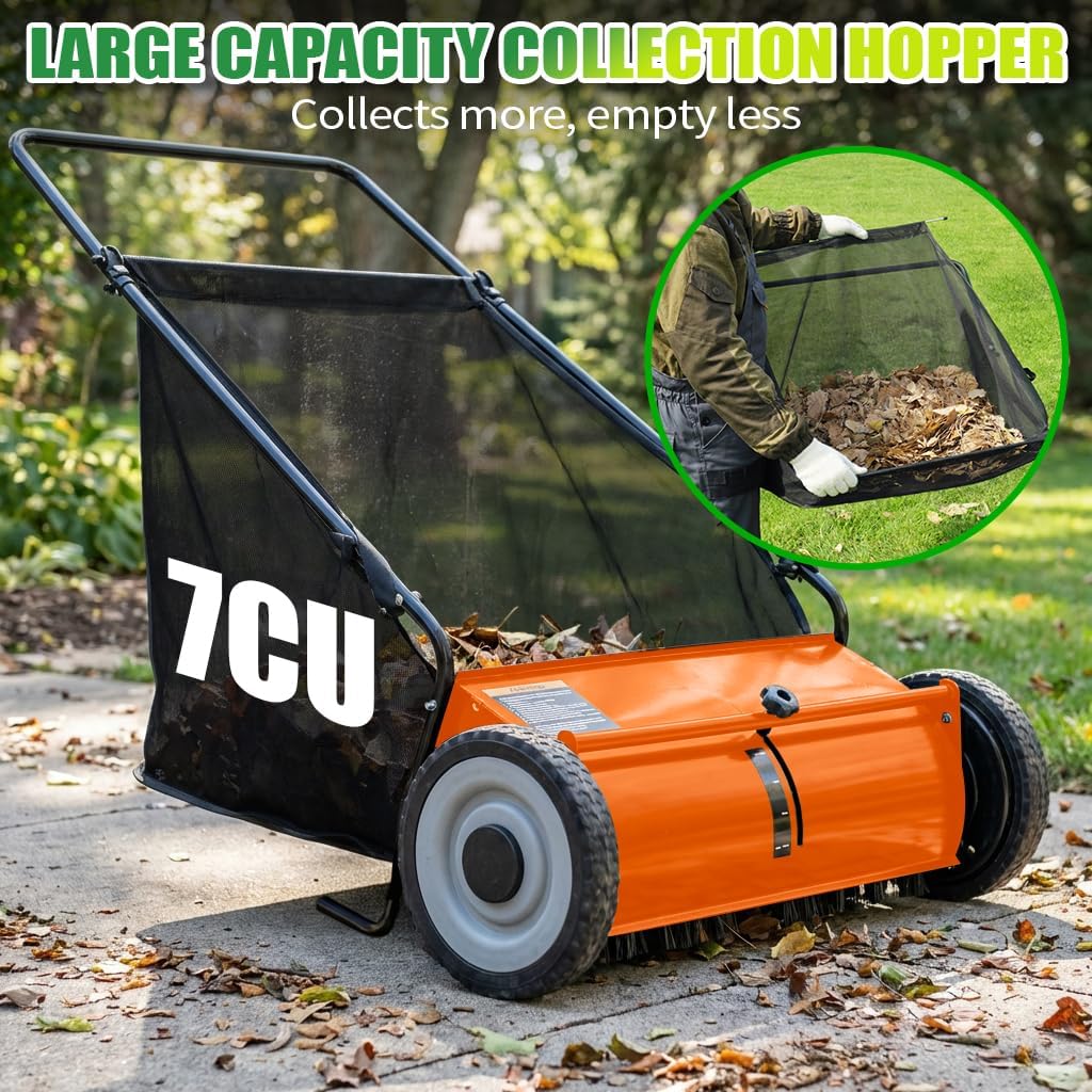 26" Push Lawn Sweeper, 7 cu.ft Large Capacity Yard Sweeper Push, 5:1 High-Density 4 Brushes, Adjustable Height, Heavy