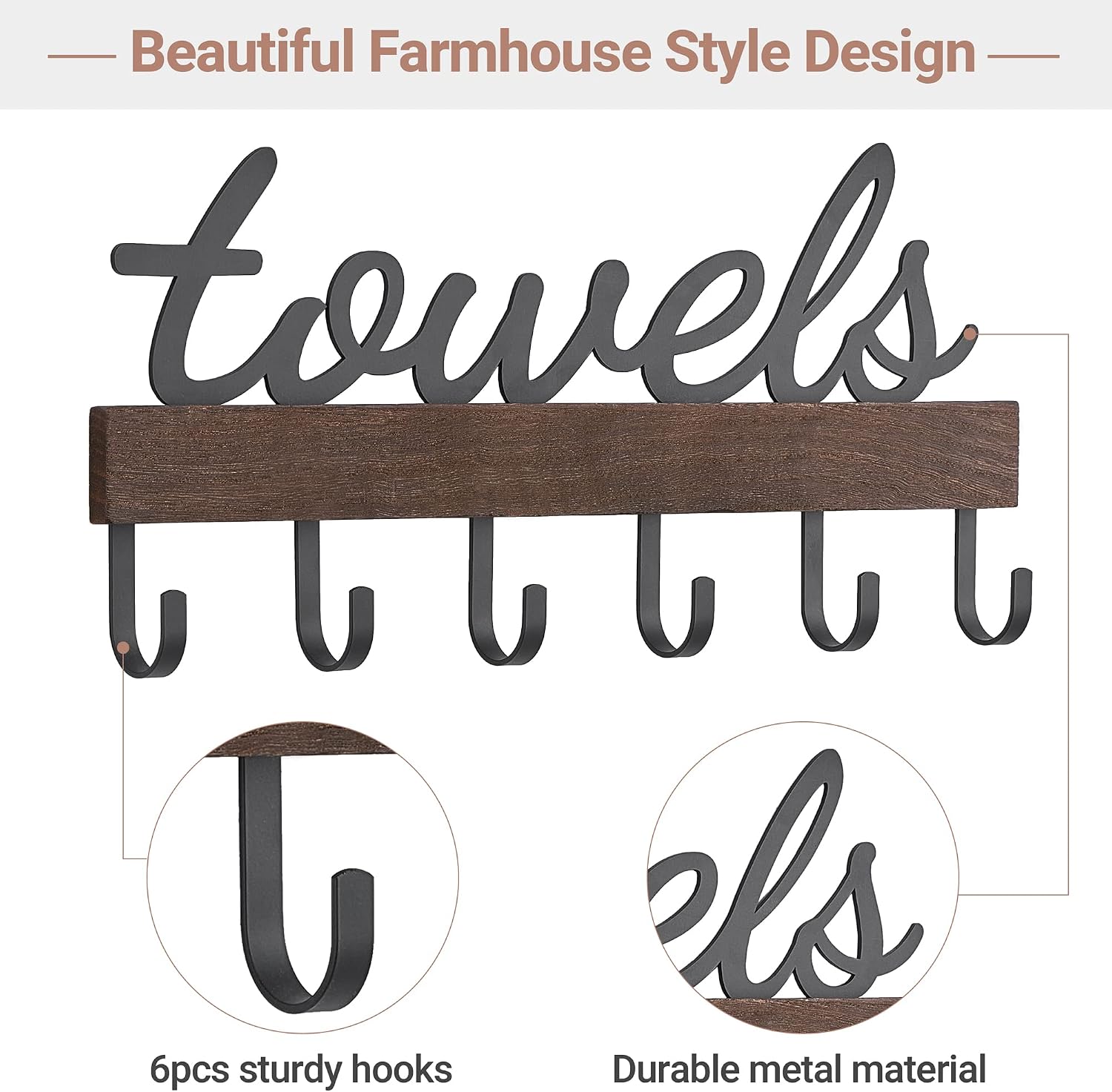Small Towel Rack with 6 Hooks Wall Mounted Wooden Holder for Bathroom | Rustic Wood & Metal Hooks, Easy Mount