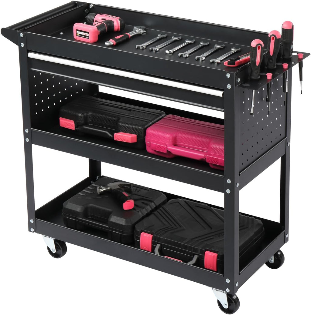 3-Tier Rolling Tool Cart, Heavy Duty Utility Industrial Service Cart on Wheels, with Locked Drawers, for Workshop