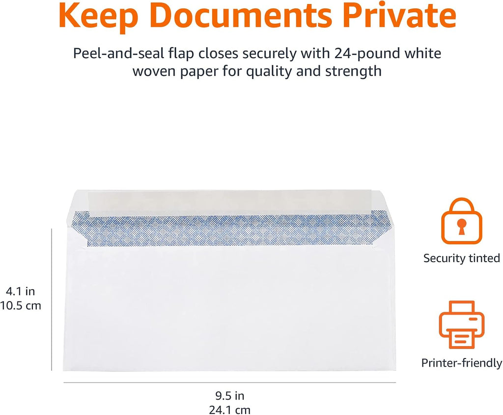 #10 Security-Tinted Self-Seal Business Envelopes for Documents, Privacy, Home & Office, White, 500-Pack