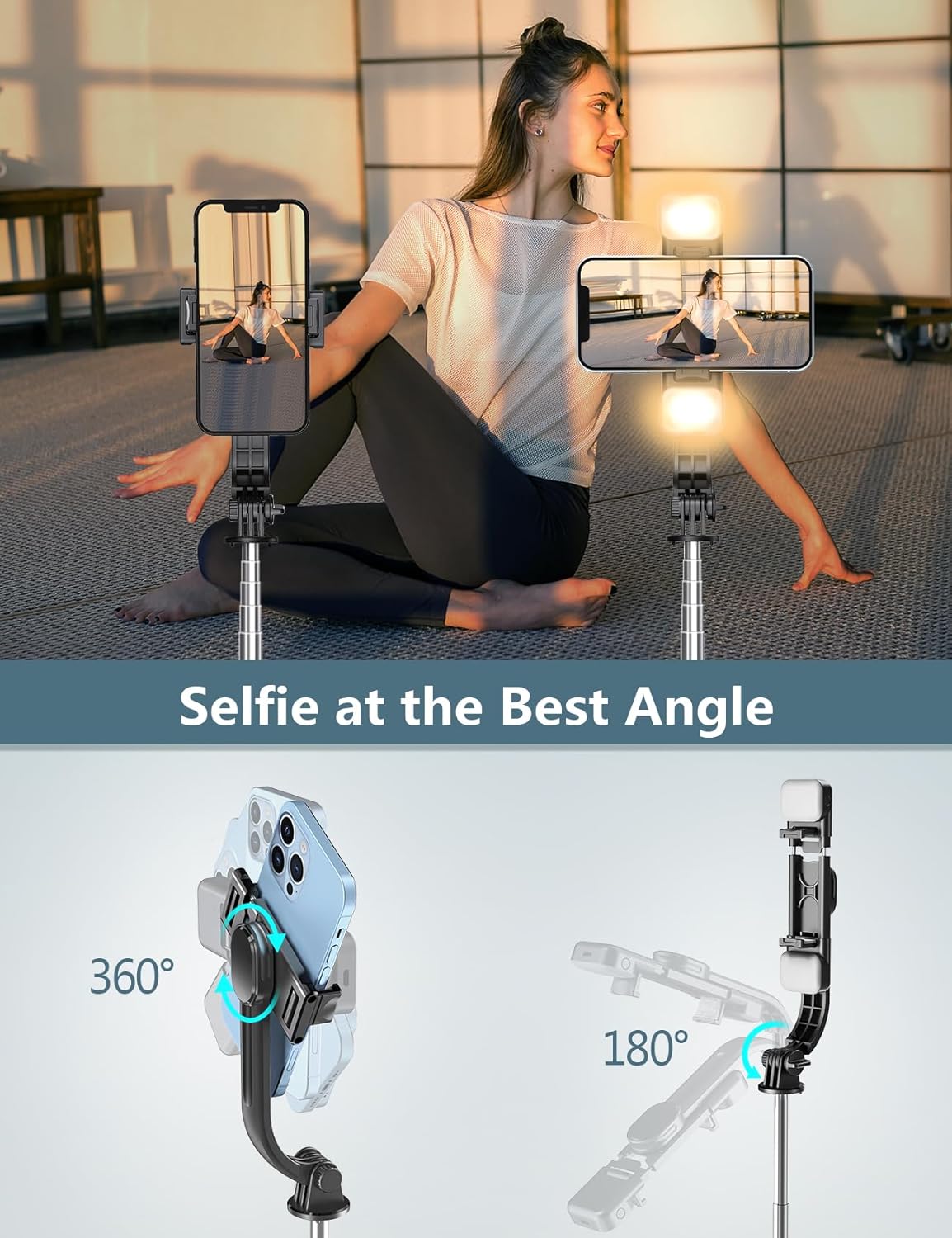 Selfie Stick Tripod with Light, 45'' Phone Tripod with Wireless Remote | Portable Travel Phone Tripod, Compatible