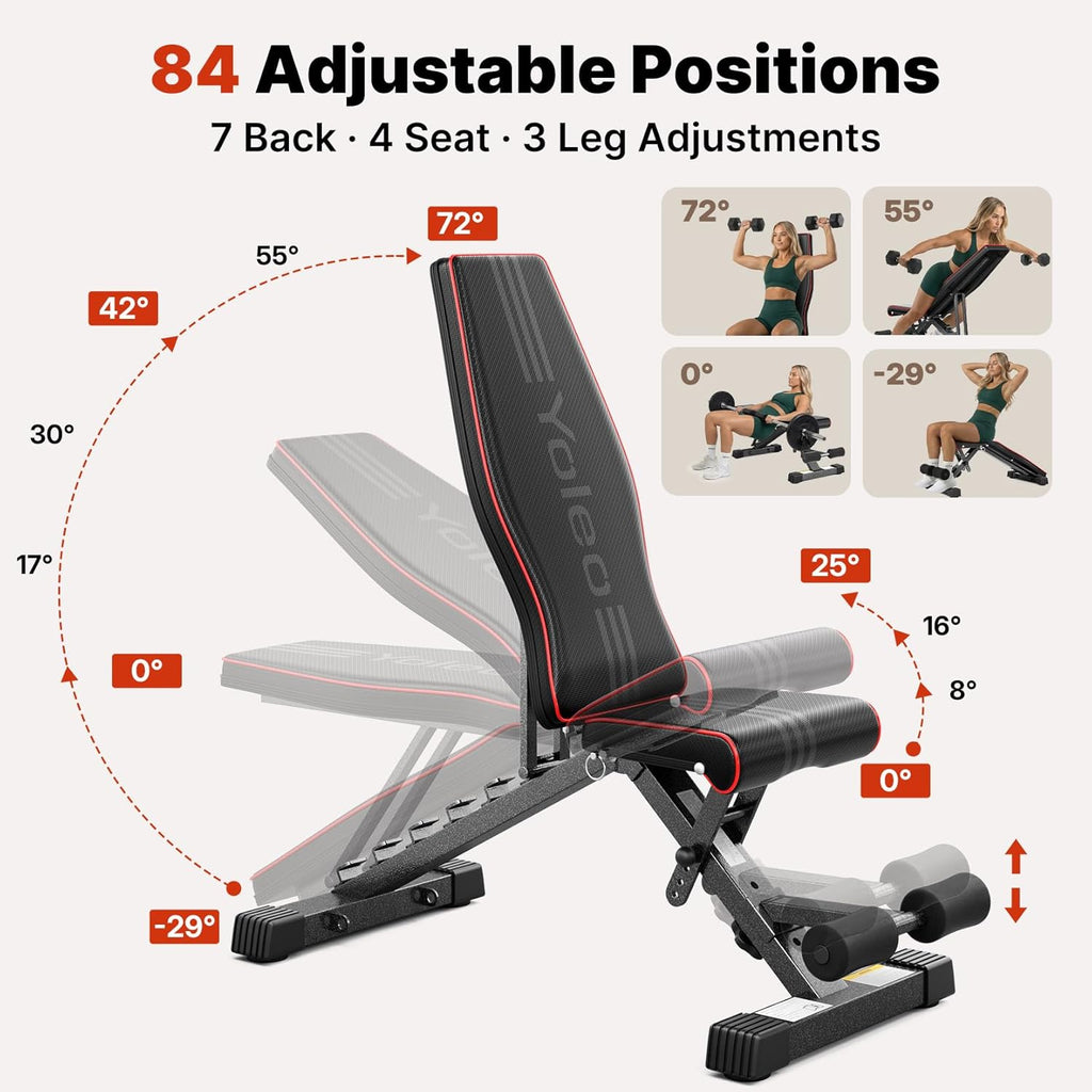 Adjustable Weight Bench for Home Gym, ASTM-Certified 827LBS, 98% Pre-Assembled, Foldable Gym Bench with 84 Positions