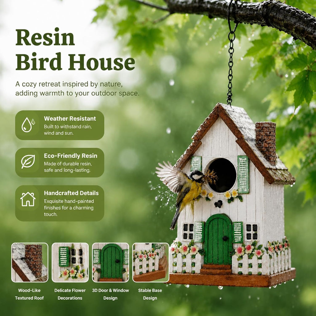 Bird Houses for Outside, Rustic Cottage Hanging Birdhouse with Thatch Roof, Hand-Painted Resin Hummingbird House