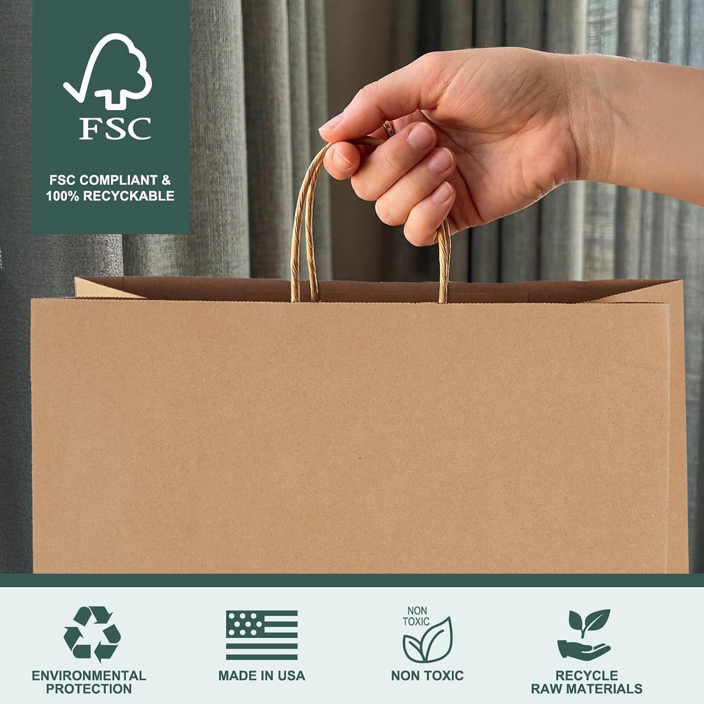 Large Brown Paper Bags With Handles 16x6x12 Inch 25 Pack