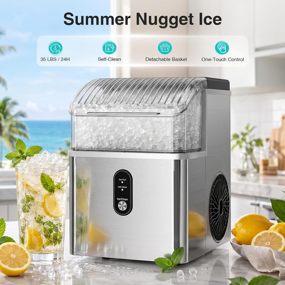 Nugget Ice Maker Countertop, 35 lbs/Day, Stainless Steel