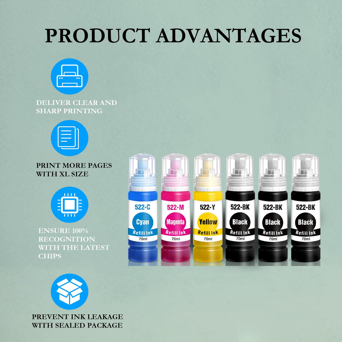 Compatible Ink Replacement for Epson 522 Ink Refill Bottle 6-Pack