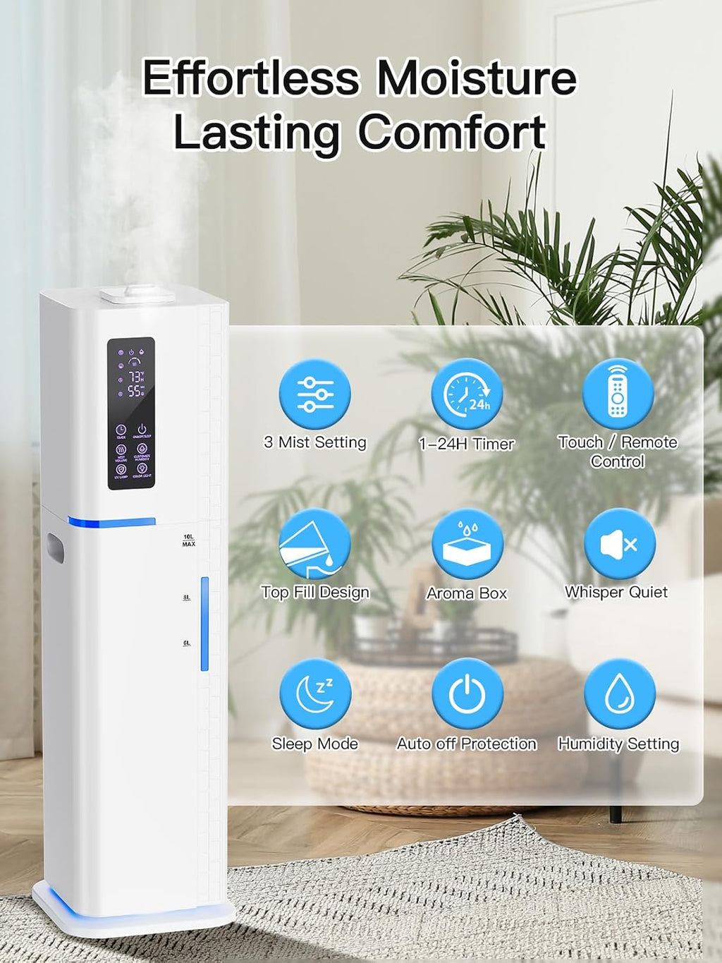 10L/2.64Gal Humidifiers for Bedroom, Top Fill Quiet Ultrasonic Cool Mist Humidifier Large Room, Covers 550ft², 60H
