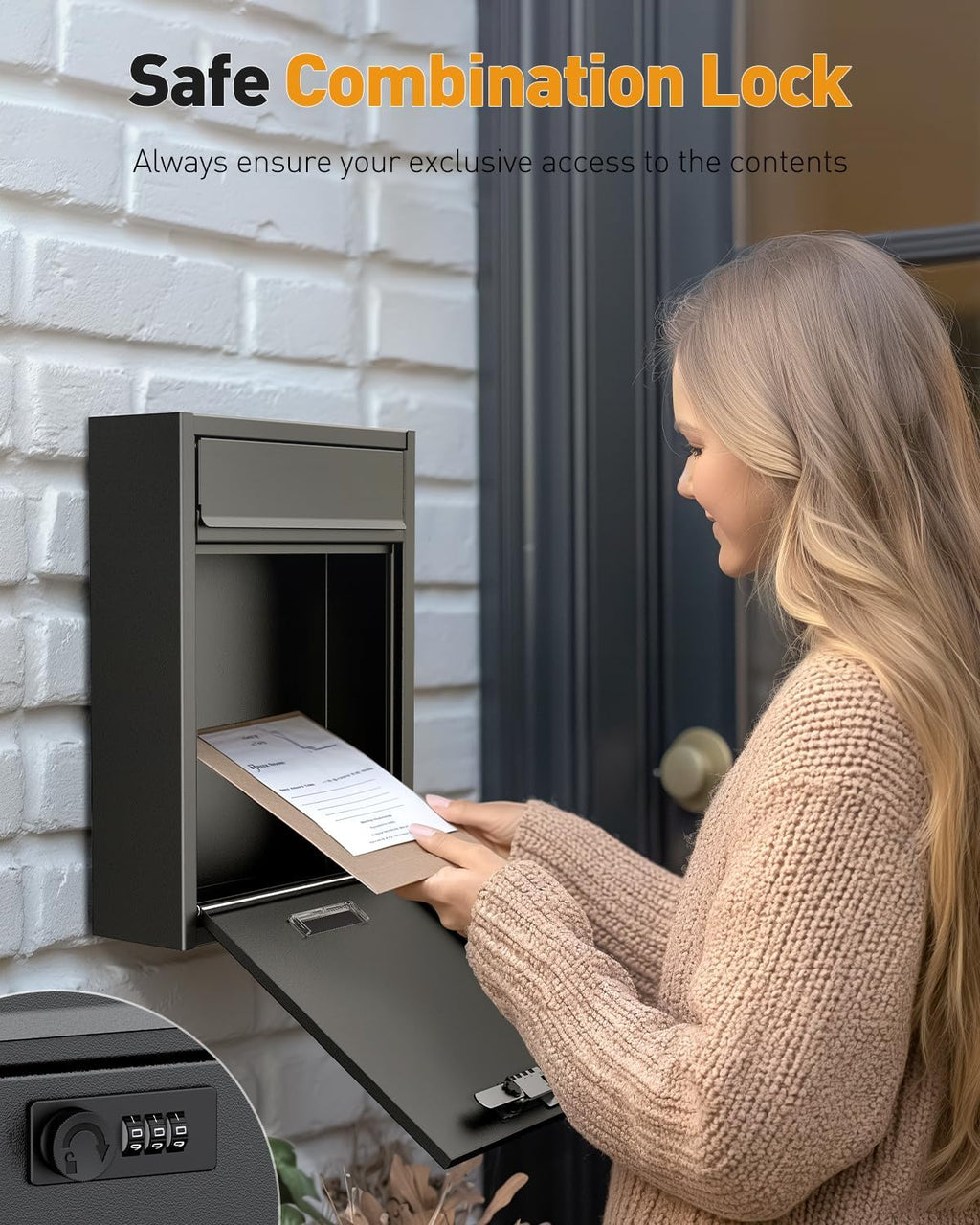 Wall Mount Mailbox for Outside, Large Locking Mailbox, Black | Security Mail Box with Combination Lock, Safe Key Drop