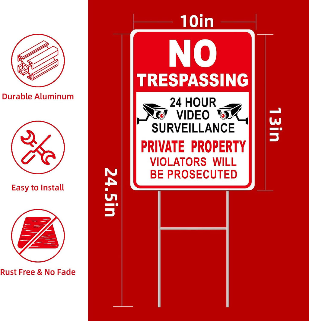 NO Trespassing Signs Private Property Video Surveillance Sign, Large 4-Pack 13"x10" Double-Sided Signs, Corrugated