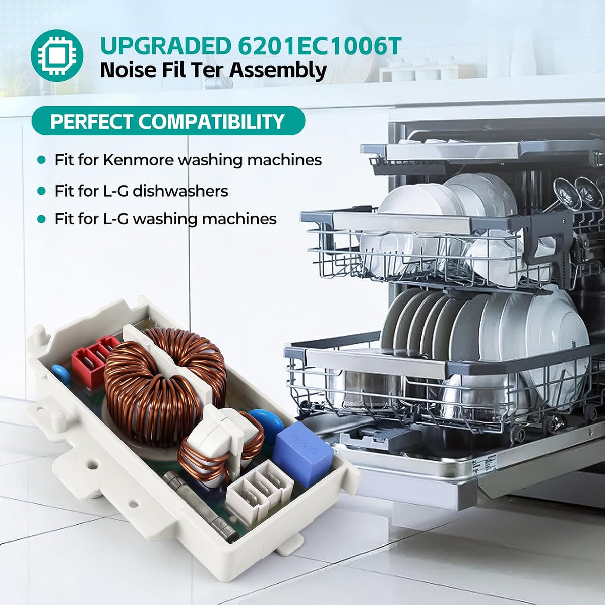 6201EC1006T Noise Filter Assembly for Washer & Dishwasher Compatible with WM2042CW WM2350HWC LDF7810BB Replace Part Numbers 6201EC1006L 2226388 AH3528920
