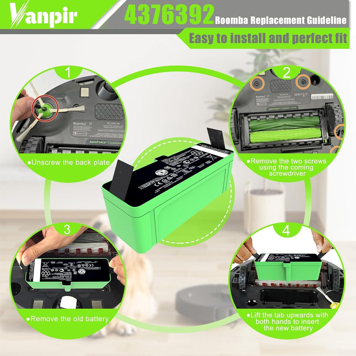 Replacement Battery for iRobot Roomba 500 600 700 800 900 Series 4376392 5200mAh 74.88Wh Upgrade battery Compatible with Roomba 960 981 970 965 801 805 850 860 890 891 895 695 690 685 680 670 1800LI