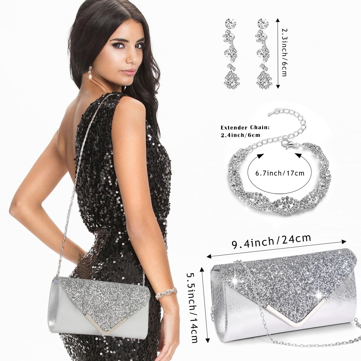 10 Pcs Silvery Rhinestone Jewelry Set for Women Bride Wedding Prom Jewelry Evening Rhinestone Sparkly Clutch Purse Bag