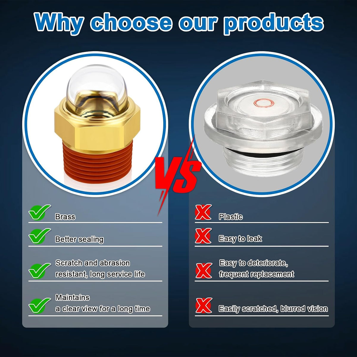 1/2" NPT Brass Dome Oil Sight Glass Plug, Clear Oil Level Window