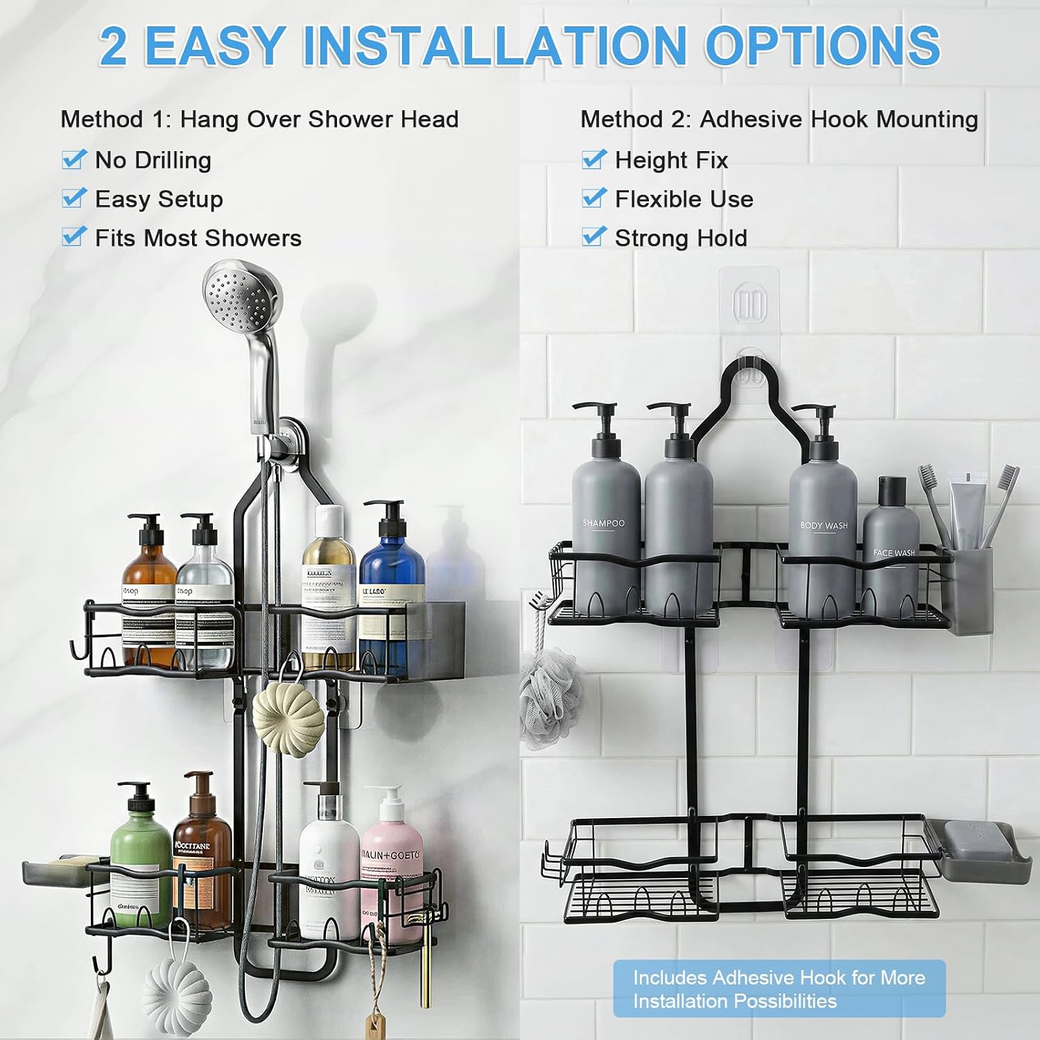 Shower Caddy Hanging Organizer Over Showerhead, Rustproof Black | 2-Tier No-Drill Hanging Shower Organizer with
