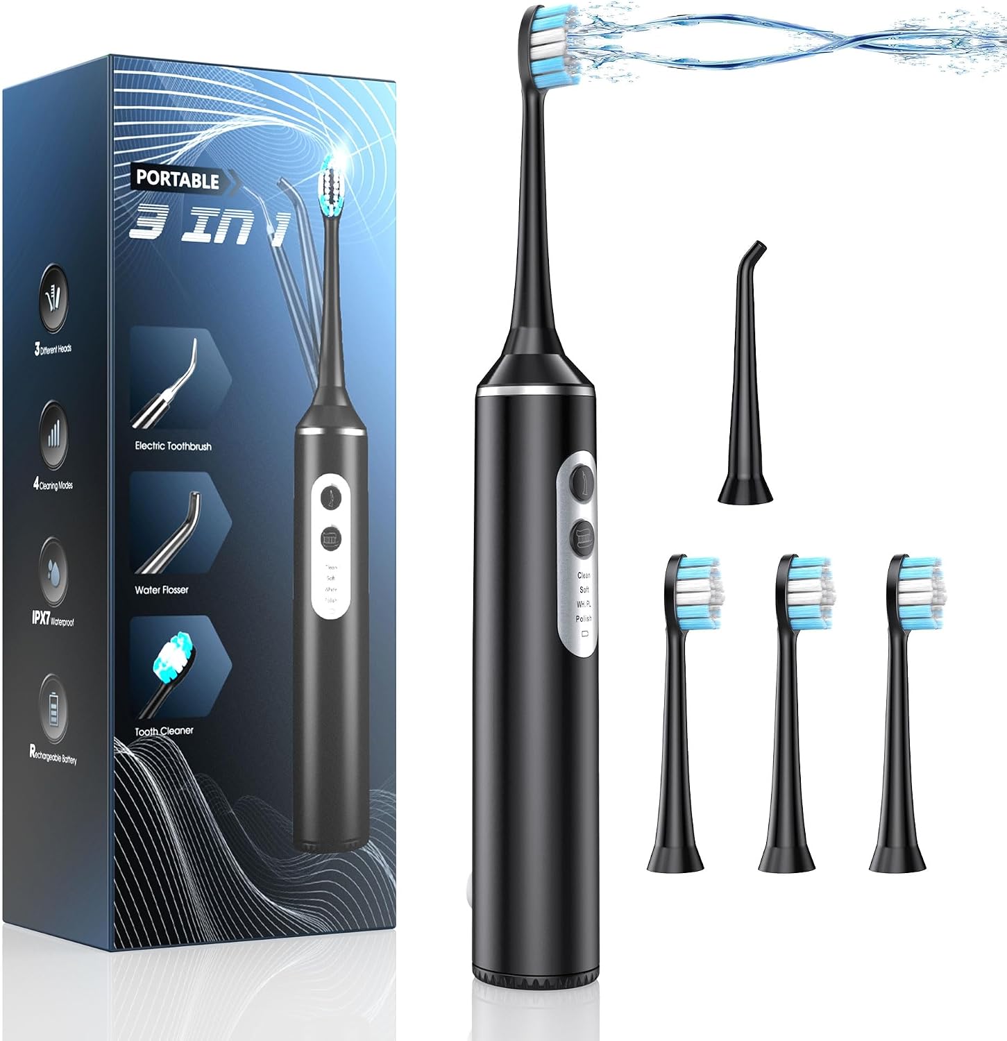 2-in-1 Electric Toothbrush with Water Flosser, Brush & Floss Combo, 3 Modes, 3 Brush Heads, Jet Tip, IPX7 Waterproof