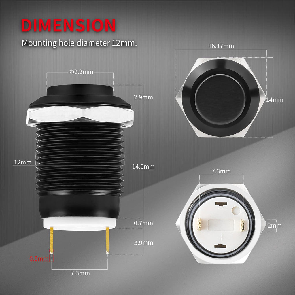 DaierTek 6pcs 12V Momentary Push Button Switch Waterproof Black Metal 12mm 1/2'' Small Round Power Pushbutton 2 Pin Push ON