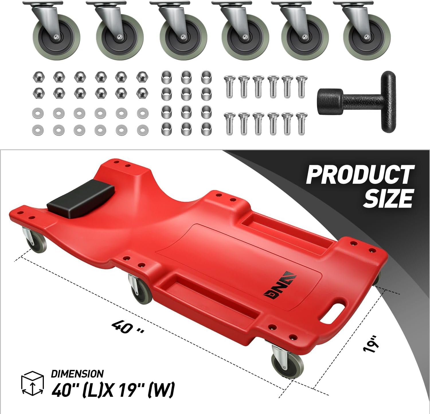 40 Inch Mechanic Creeper, Blow Molded Low Profile Rolling Garage Creeper, w/Padded Headrest, Dual Tool Trays, 350lbs