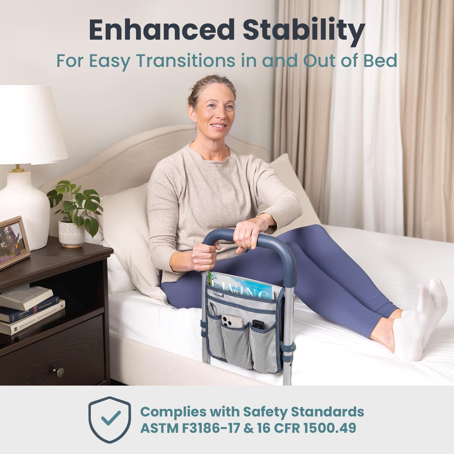 Bed Rails for Elderly Adults Safety, ASTM Compliant, Adjustable Bed Rail with Non-Slip Ergonomic Handle and Storage