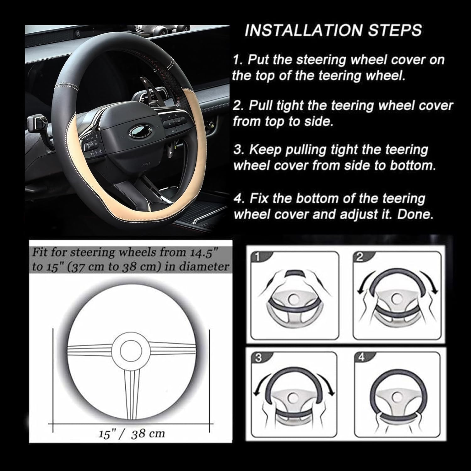 Microfiber Leather Steering Wheel Cover Universal 15 inch (Beige)
