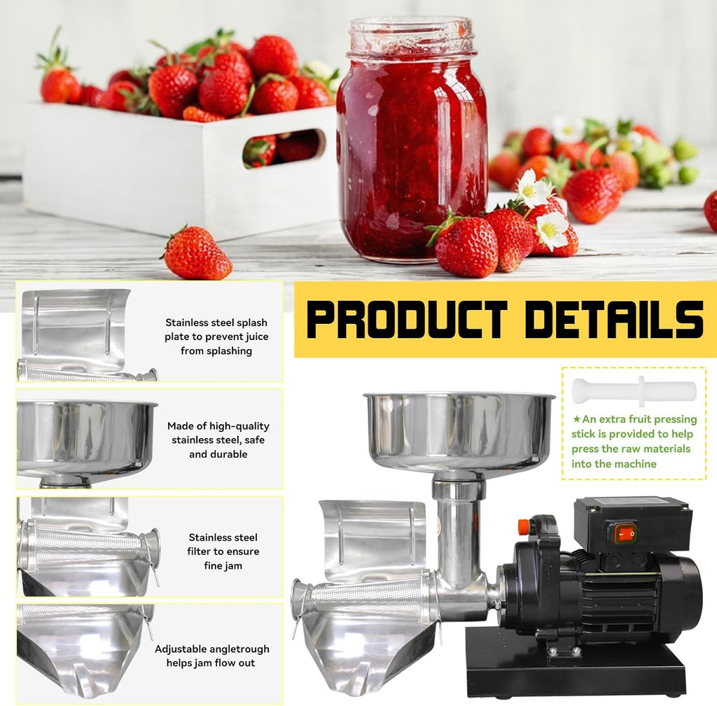 Electric Stainless Steel Jam Maker – Commercial Food Strainer & Sauce Maker with Adjustable Trough, Quiet Operation –