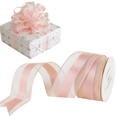 Rose Gold Sheer Wired Ribbon with Satin Stripe 1-1/2" x 10 Yards
