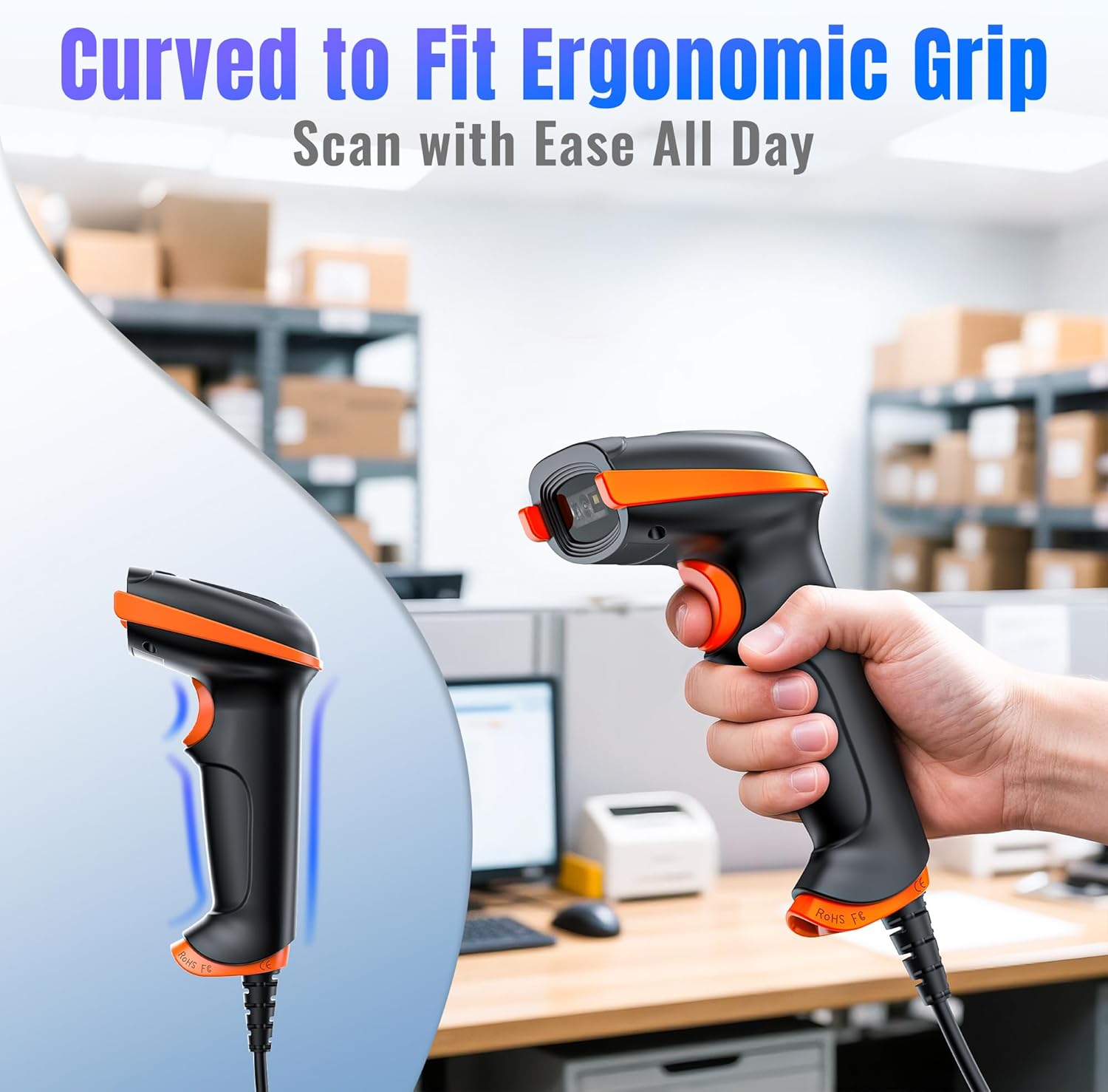 Barcode Scanner 2D USB Wired: Ergonomic Handle Plug and Play, D5100Y | IP54 Protection, 640*480 CMOS Rolling, 1D 2D