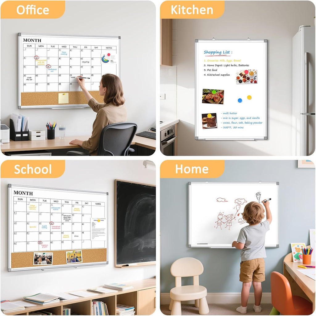 Large Dry Erase Calendar for Wall, 36"x24" Double-Sided Magnetic Whiteboard Calendar with Cork Board, Aluminum Frame