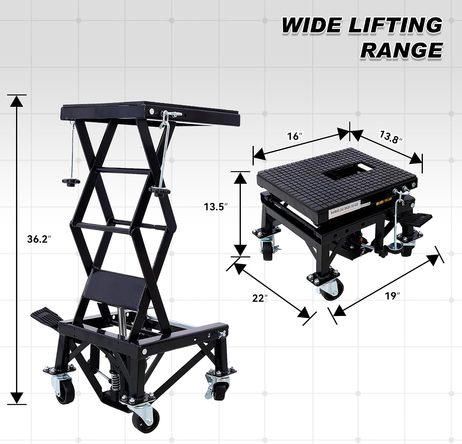 Hydraulic Motorcycle Lift Table, 300 lbs Capacity Motorcycle Scissor Jack Lift with Non-Slip Wide Deck J-Hooks 4