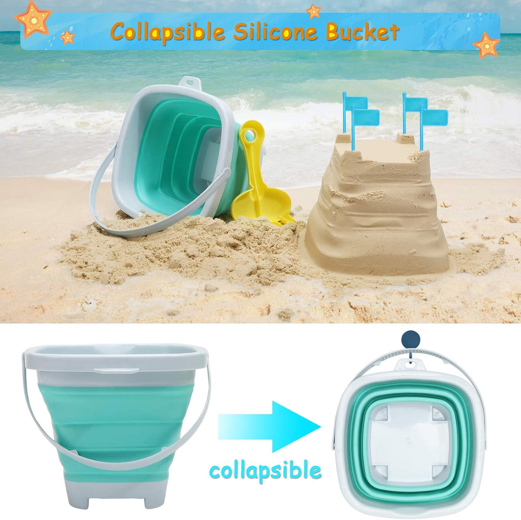 Beach Toys with Collapsible Bucket，Mesh Bag for Kids Ages 3-12 | Sand Castle Building Kit, Decor Flags for Sandbox