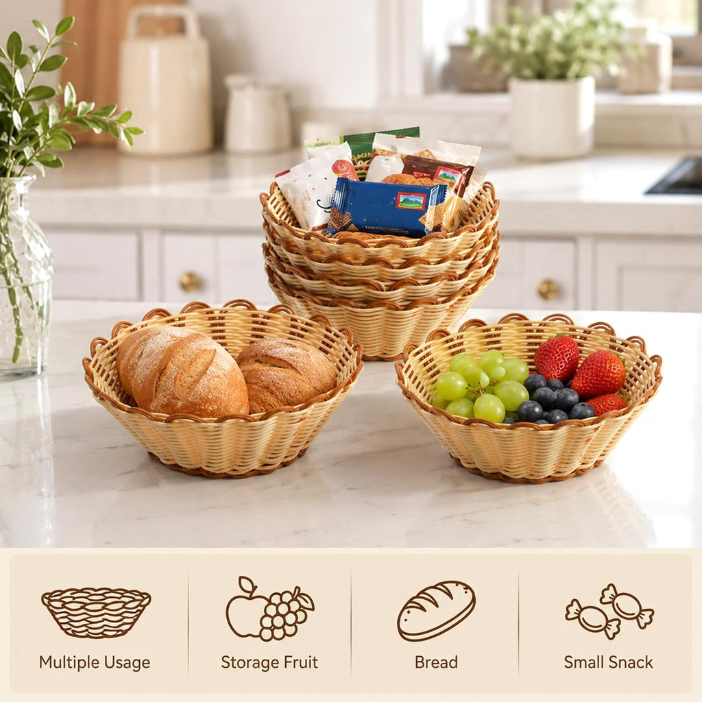 6 Pack Wicker Bread Baskets, 8 Inch Round Serving Baskets for Fast Food, Fruit, Breakfast, Restaurant, Bakery