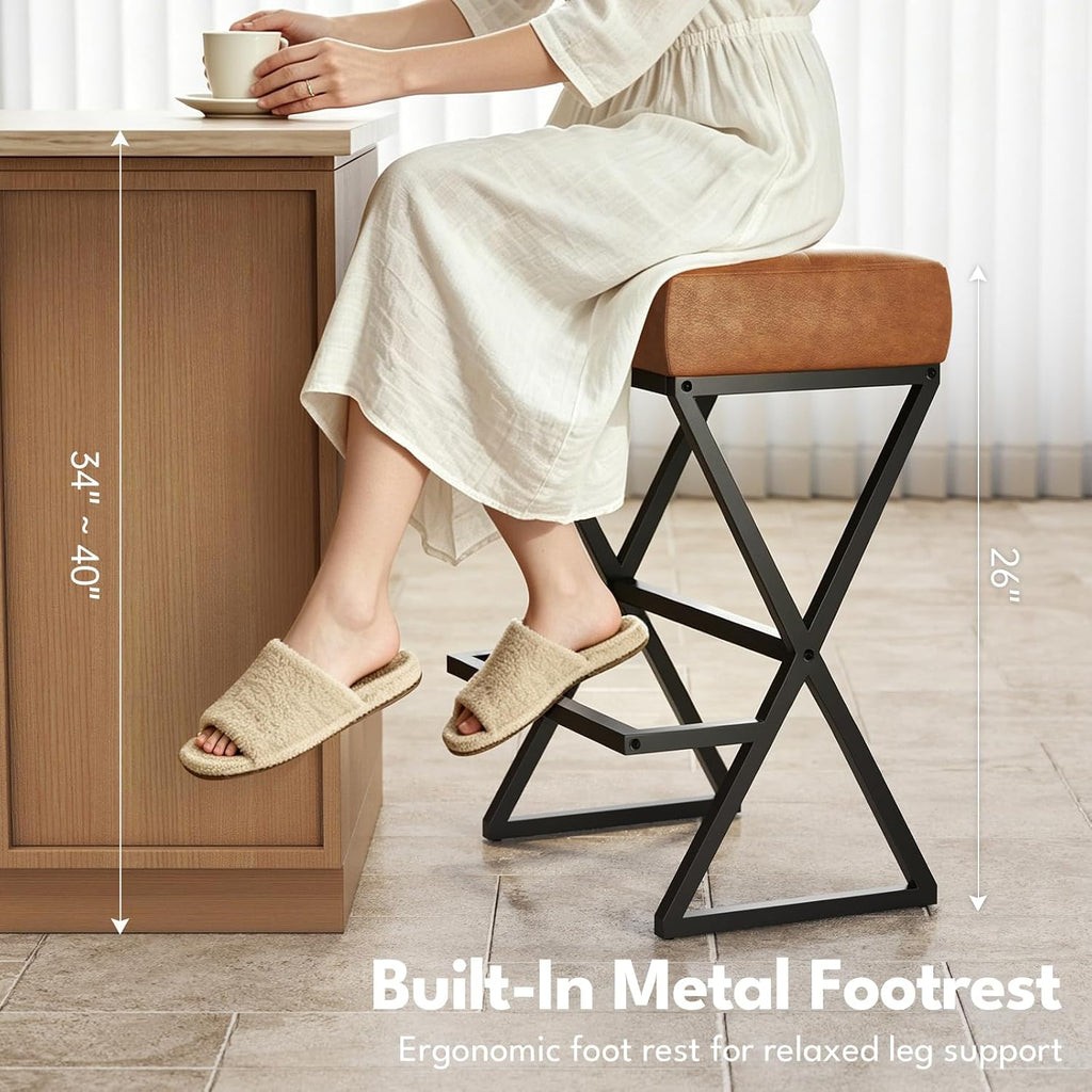 Counter Height Bar Stools, 26" Saddle Barstools with Footrest, 1 Pack Brown