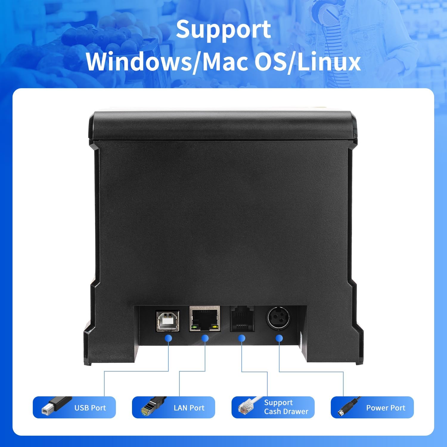 80mm POS Receipt Printer 300mm/s USB Thermal Receipt Printer with Auto Cutter Cash Drawer, USB Ethernet
