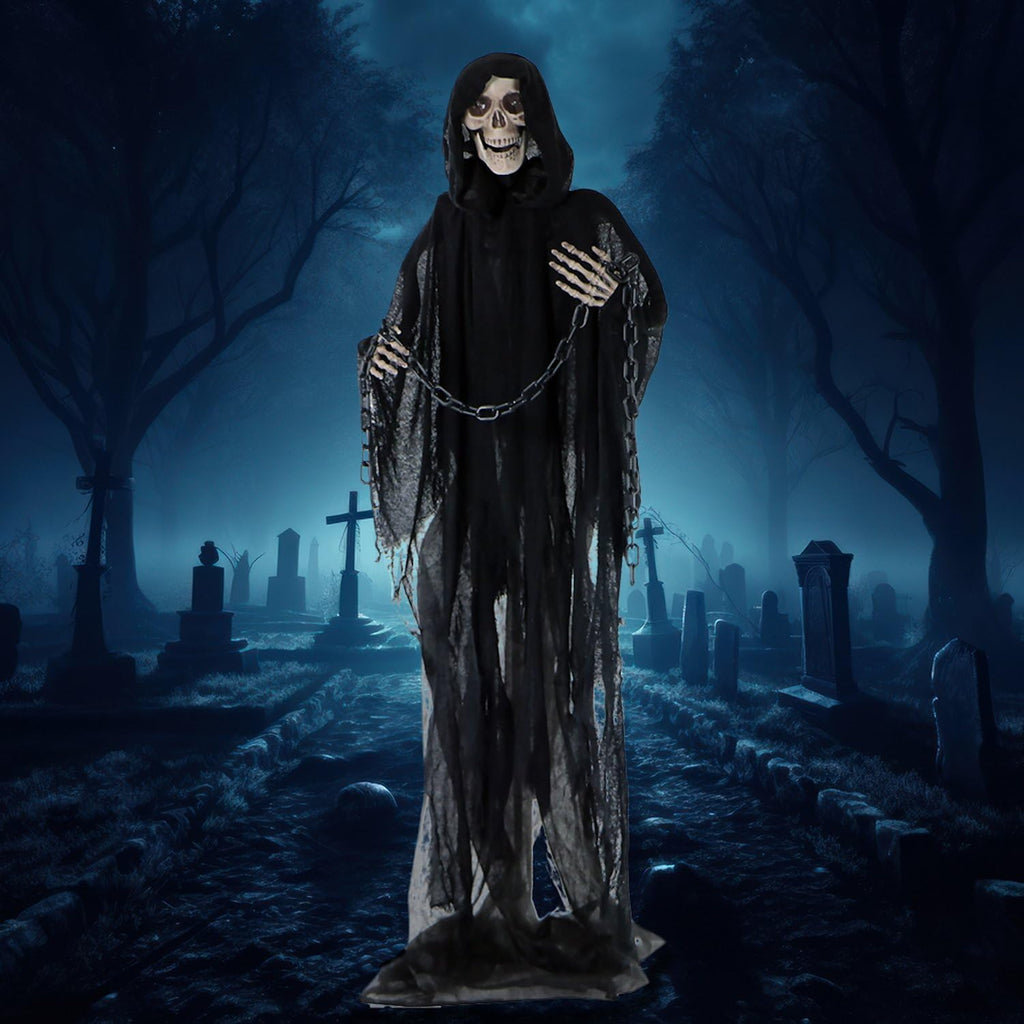 Life-Size Scary Grim Reaper with Chain, Halloween Animatronic with Touch Activated Lights and Sounds, Battery