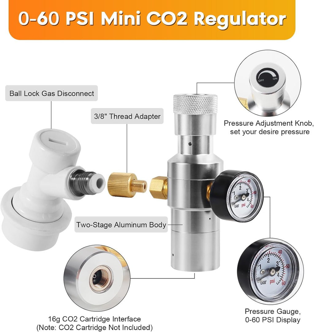 Upgrade Mini CO2 Regulator & Ball Lock Keg Tap Kit | 0-60 PSI Dual Hold Stable Mini Regulator, Stainless Steel Core
