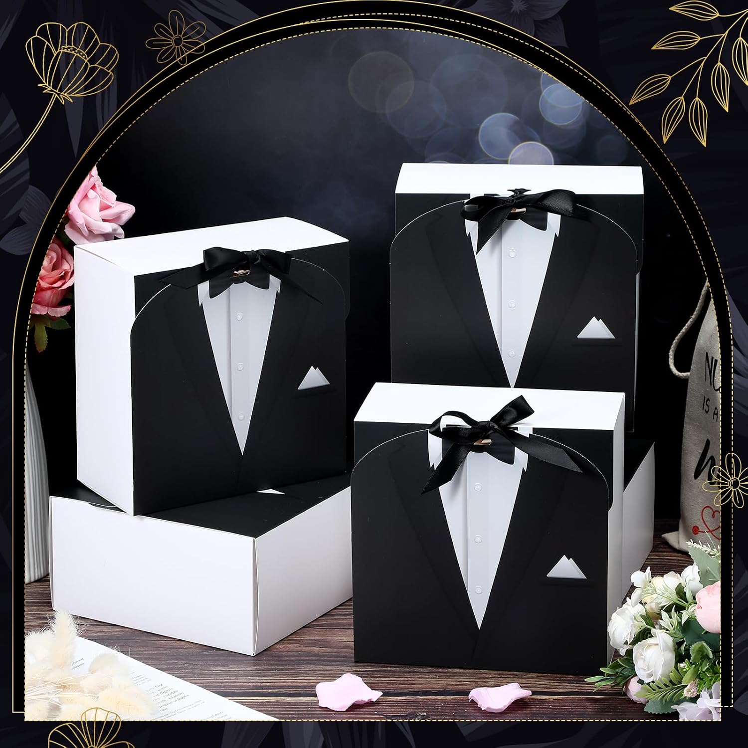 6 Groomsmen Gift Box Tuxedo Desian with Ribbon, Black