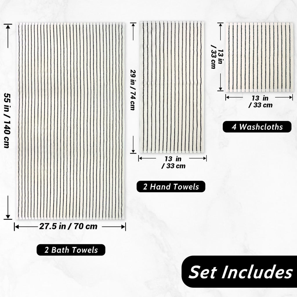 8 Piece Black and Ivory Towel Set, Super Soft & Absorbent Cotton Striped | Towels for Bathroom Decor, 2 Bath, 2 Hand
