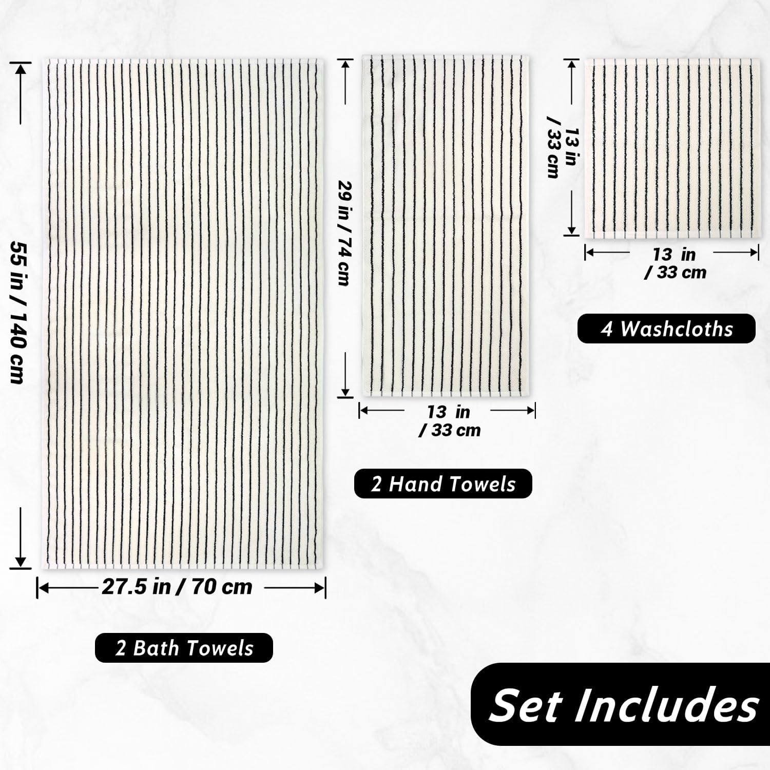 8 Piece Black and Ivory Towel Set, Super Soft & Absorbent Cotton Striped | Towels for Bathroom Decor, 2 Bath, 2 Hand