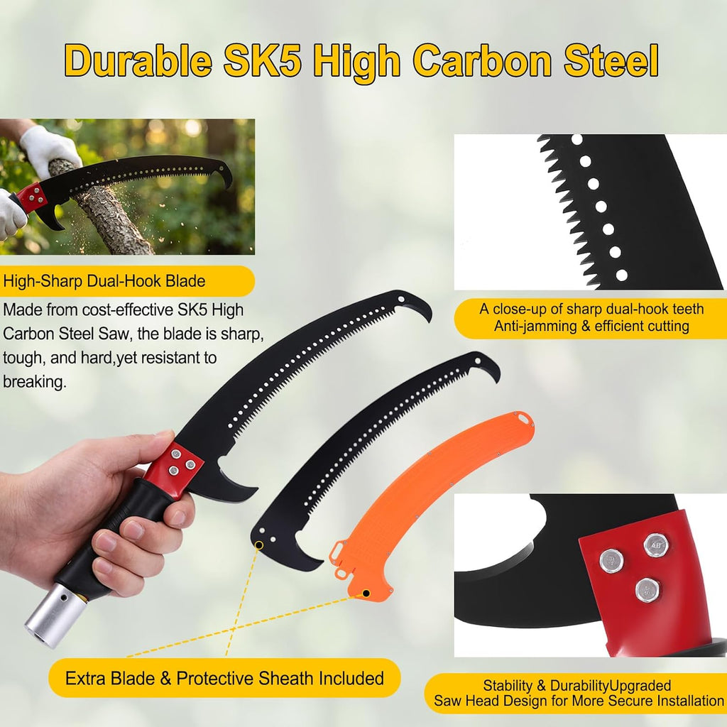 Manual Pole Saw,7.3-27 ft Adjustable Extendable Tree Pruner,High Carbon Steel Double-Hook Blade,Lightweight 8